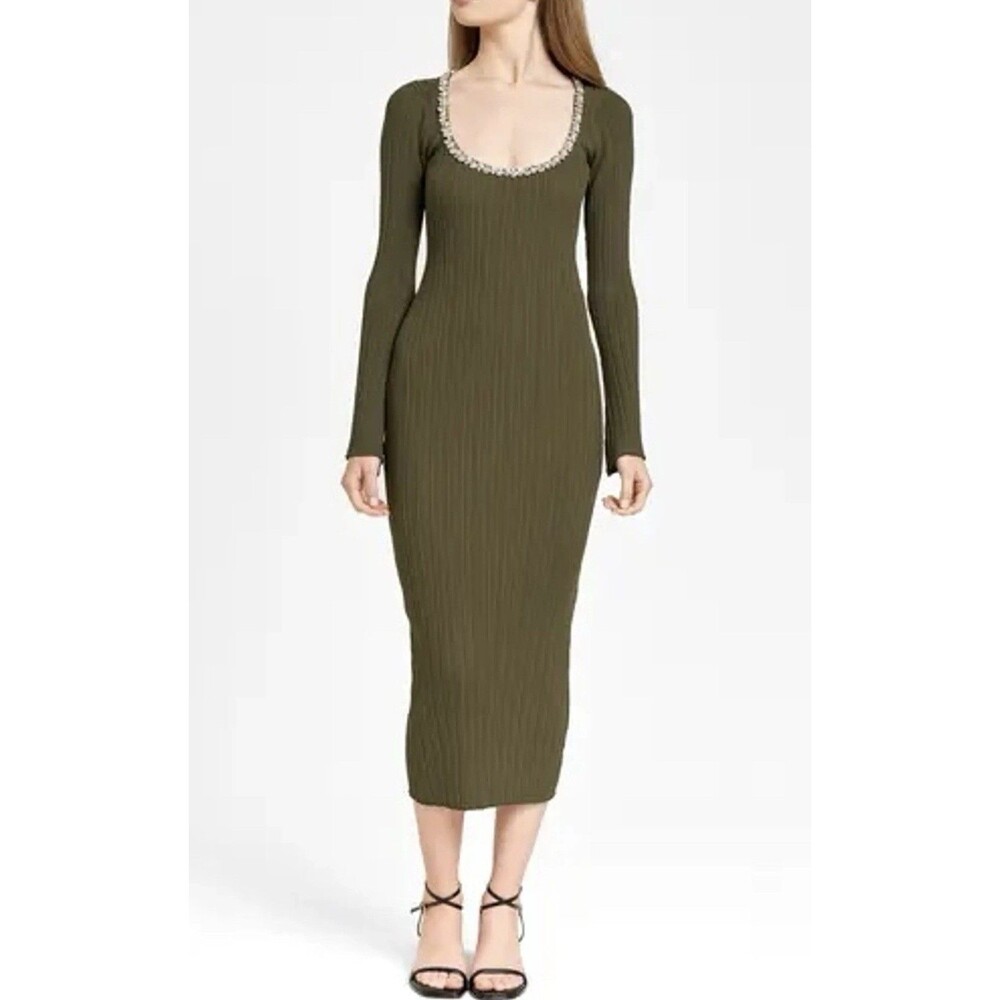 WAYF Cinthia Jewel Neck Long Sleeve Bodycon MIDI Dress in Olive Green Women’s XL